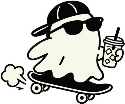 Fantasma con jockey y lentes en skate, con un café helado