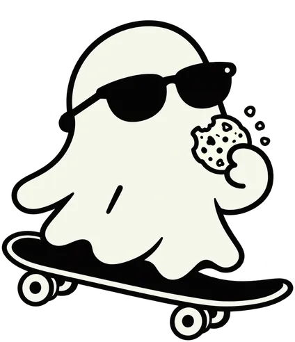 Fantasma con lentes de sol en skate, comiendo una galleta
